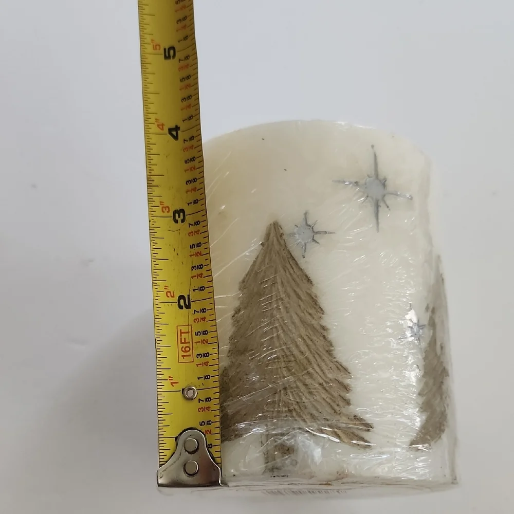 White Tree Accent Pillar Candle with Metallic Star Details